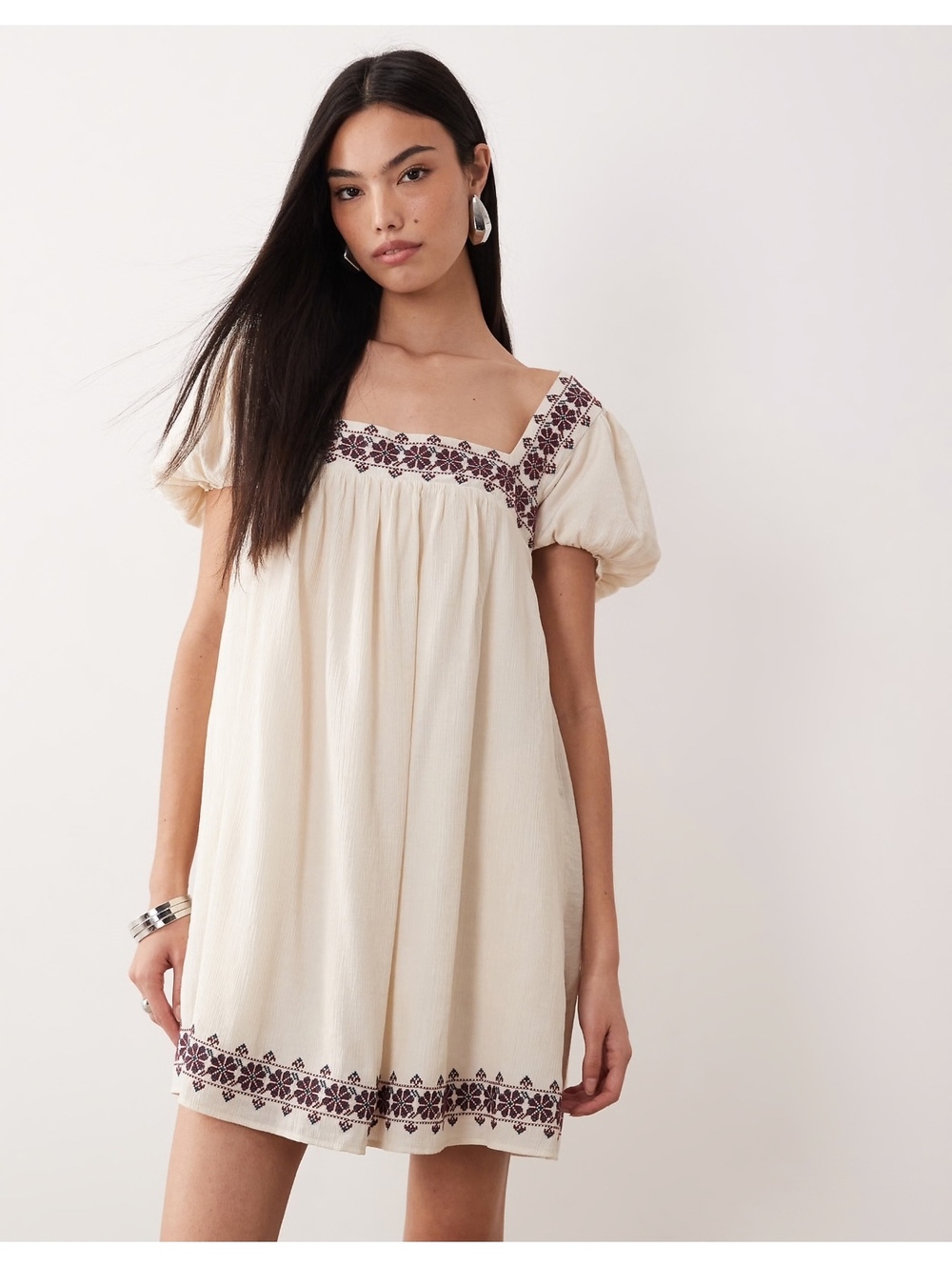 Abercrombie & Fitch Embroidered Babydoll Mini Dress Puff Sleeve Boho Cream S